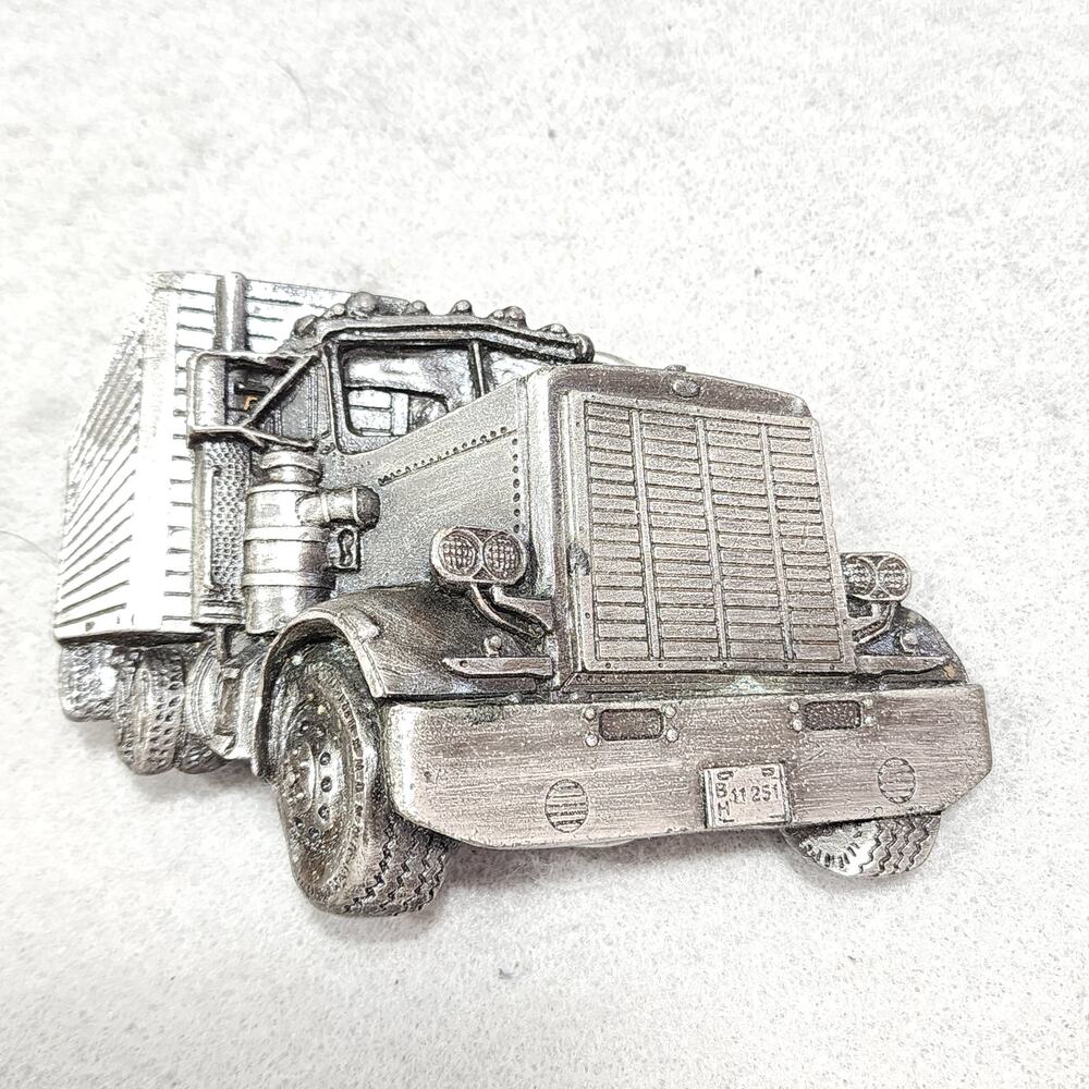 Semi Truck Trailer Belt Buckle Pewter Tone Bergamot Brass Works Vintage 1977 USA
